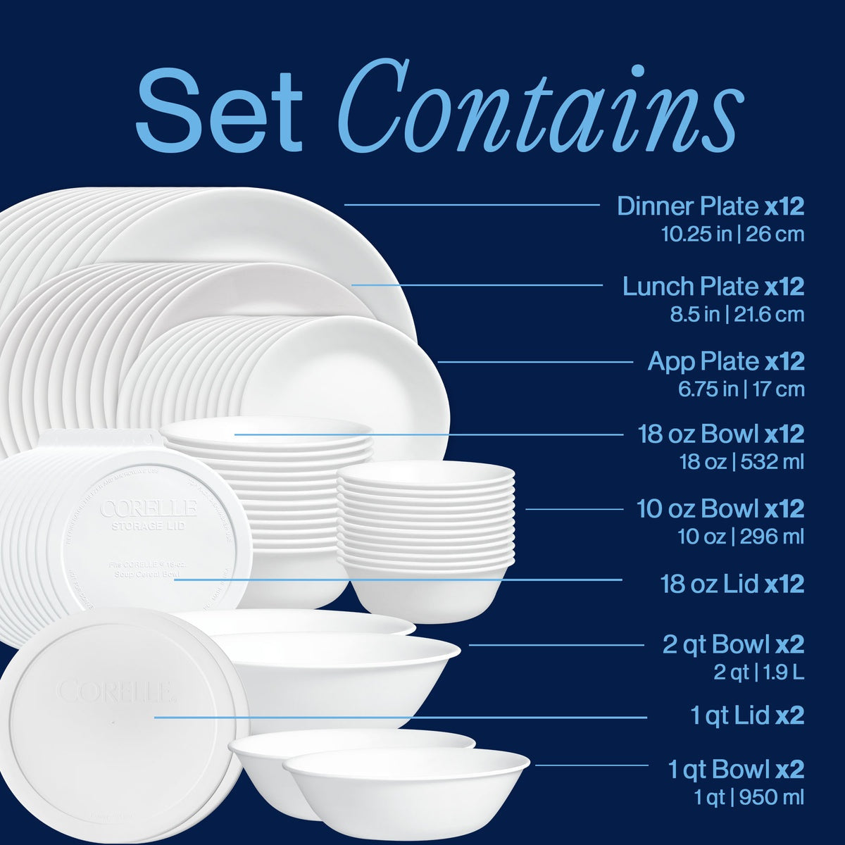 Corelle® Winter Frost White Dinnerware Set – Service for 12 + Meal Bowls