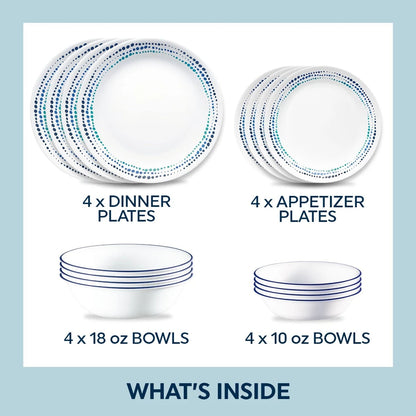 Corelle® Ocean Blues 16-piece Mugless Dinnerware Set, Service for 4