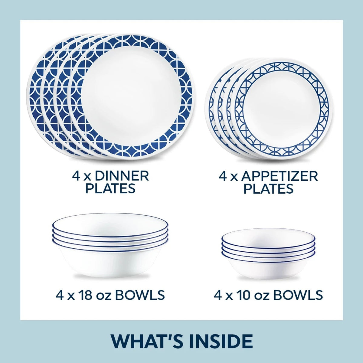 Corelle® Cobalt Circles 16-piece Mugless Dinnerware Set, Service for 4