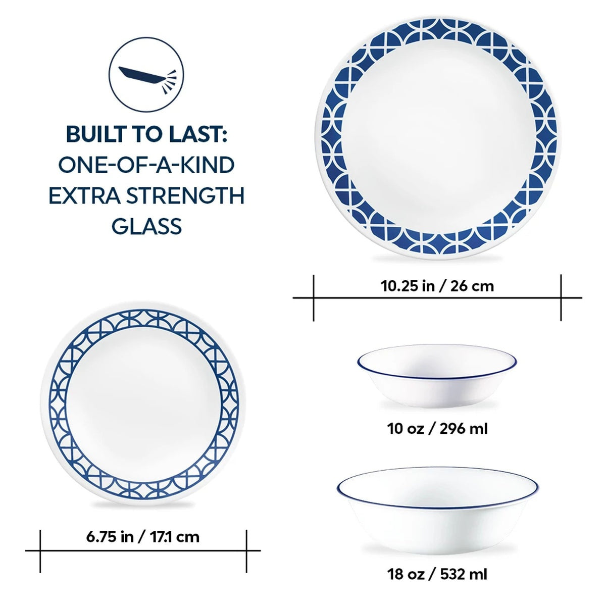 Corelle® Cobalt Circles 16-piece Mugless Dinnerware Set, Service for 4
