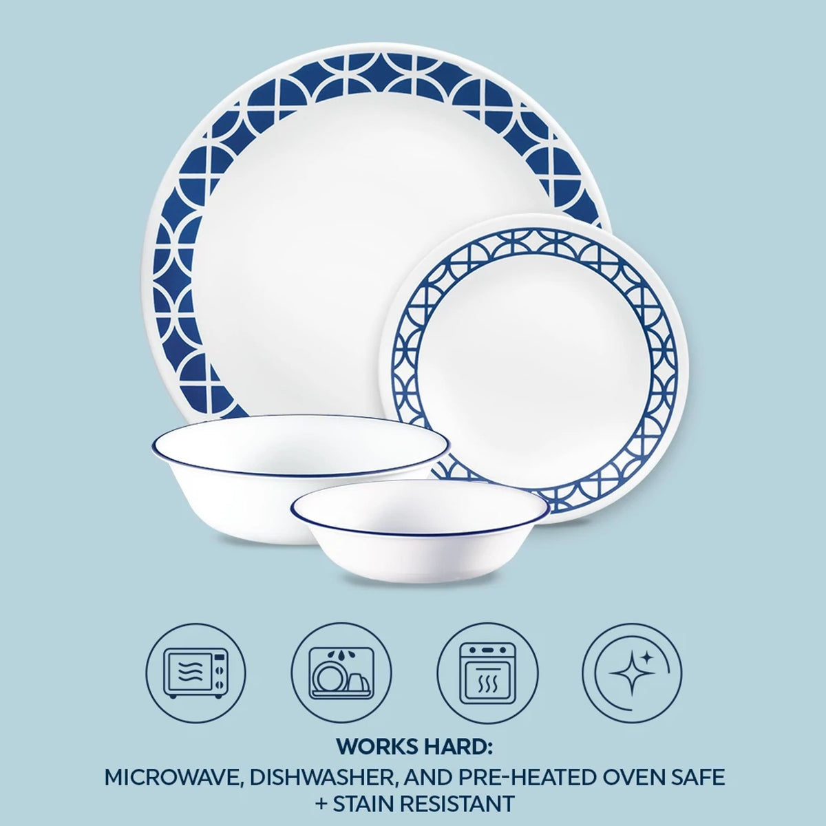 Corelle® Cobalt Circles 16-piece Mugless Dinnerware Set, Service for 4