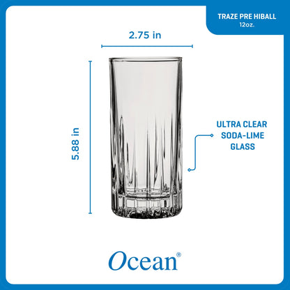 Ocean Glass Traze PRE Highball Glasses (4-Pieces), 12-ounce, Dishwasher Safe